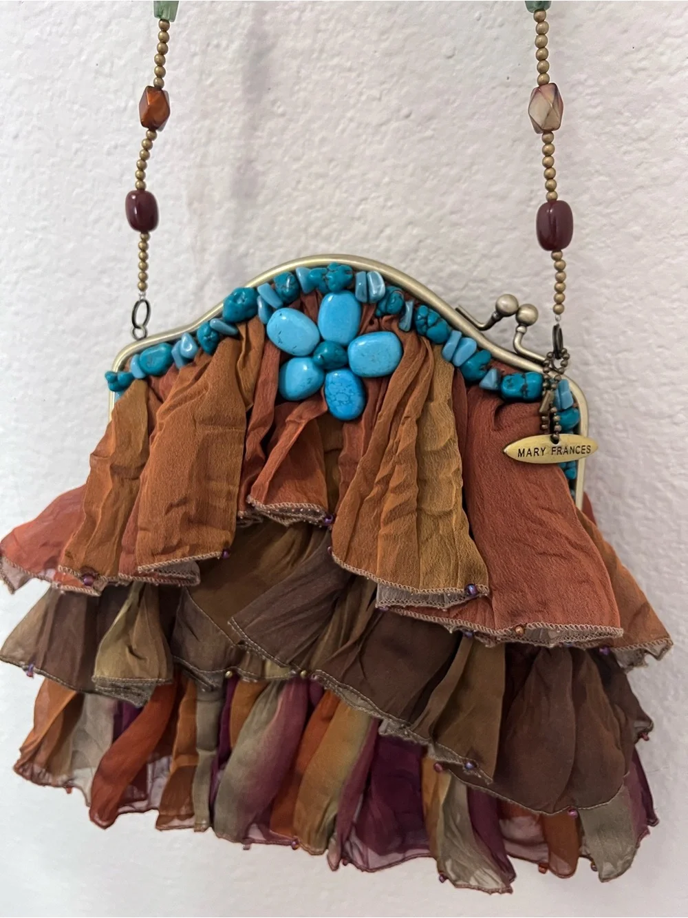 Mary Frances Multicolor Ruffled Beaded Clutch with Turquoise Accents
